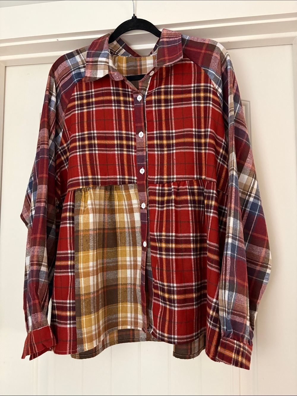 Plush Red Plaid Button-Down Shirt with Mixed Plaid Panels